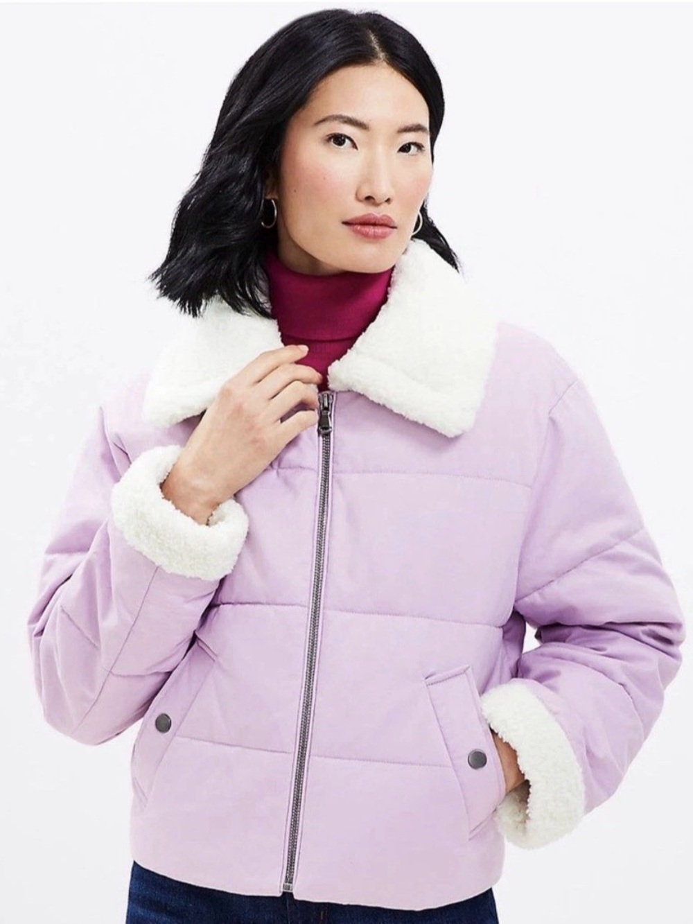 LOFT Puffer Jacket w/ Shearling Collar & Cuffs in a pastel lavender shade—XLARGE